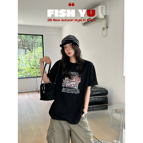 FISH YU -力烫图字母印花宽松圆领磨毛短袖T恤(含100棉料)626537