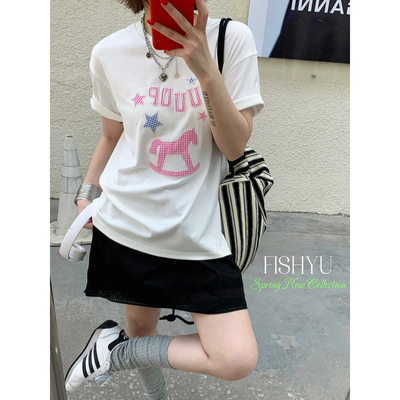 FISH YU -系彩色格纹贴布刺绣字母宽松圆领正肩小版短袖T恤26135