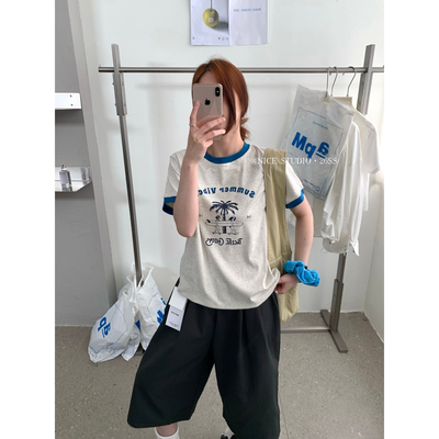 奶思家NICE STUDIO-夏上新韩系度假风椰树撞色印花短袖T恤w63820