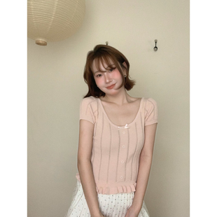lower April（FA）-蝴蝶结针织短袖t恤女修身显瘦上衣针织衫91087