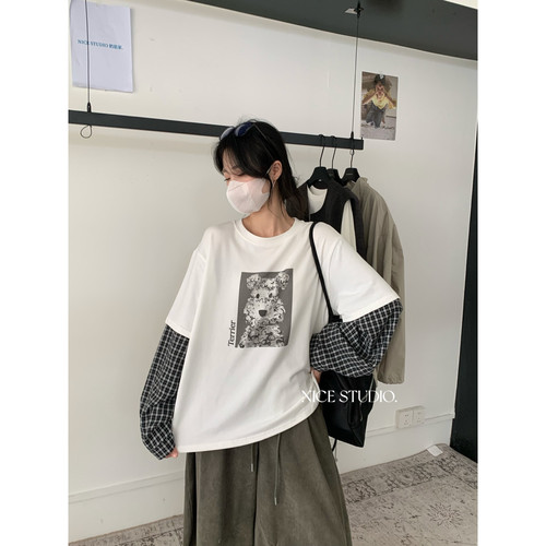 奶思家NICE STUDIO-新韩系叠穿感小狗印花拼接格纹长袖T恤R10131