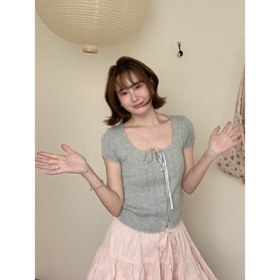 lower April（FA）-针织T恤短袖女夏季修身绑带蝴蝶结针织衫91063
