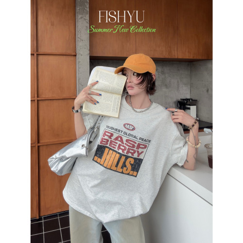 FISH YU -式复古做旧字母撞色白墨印花宽松圆领大版短袖T恤26265