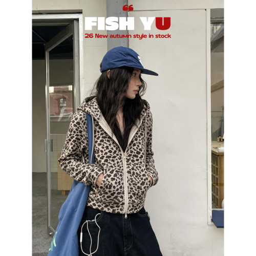 FISH YU -新美式复古慵懒感豹纹短款双头拉链连帽卫衣外套626609