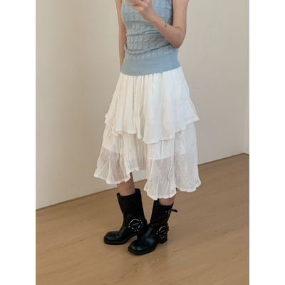 lower April（FA）-高腰杏色蛋糕裙不规则蕾丝中长裙半身裙170569