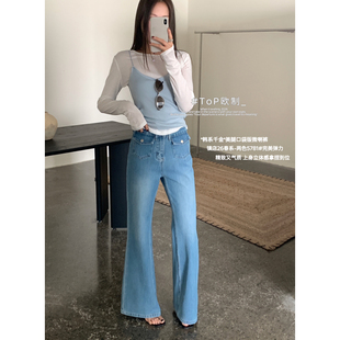 TOP 欧制-韩版口袋版微喇裤完美弹力精致百搭气质牛仔裤5781浅兰
