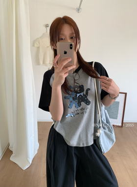 奶思家NICE STUDIO-上新猫咪印花抽褶插肩袖短袖T恤短袖T恤W63815