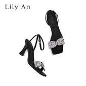 Lily 方头粗跟一字带凉鞋 蝴蝶结 女2025年夏季 露趾高跟鞋