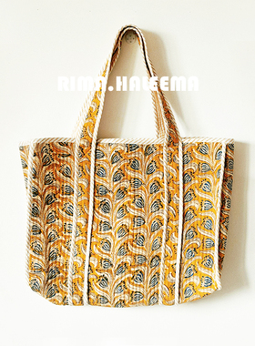 进口中古双层长绒棉手工拓印花纹大托特包旅行包手提单肩包姜黄色