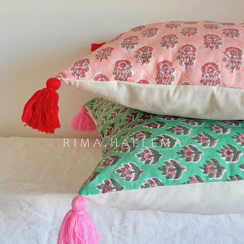 独家原创进口手工印花法式复古清新棉质抱枕靠垫靠包枕头套粉绿