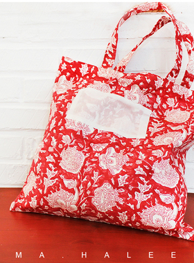 RIMA进口原创设计花纹花卉手工印染印度厚棉布包手提单肩包樱桃红