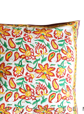 RIMA印度进口设计师款手工印染花卉图案纯棉靠垫靠包抱枕套黄色款