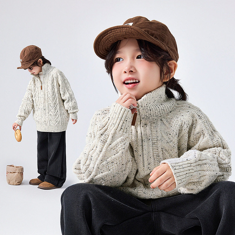 潮宝男孩高领毛衣时尚休闲男童杏白色针织衫内搭110~170韩版冬装
