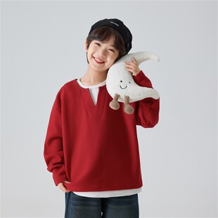 中大男童潮范加绒T恤韩版华夫格内搭上衣潮宝男孩套头衫红色灰黑