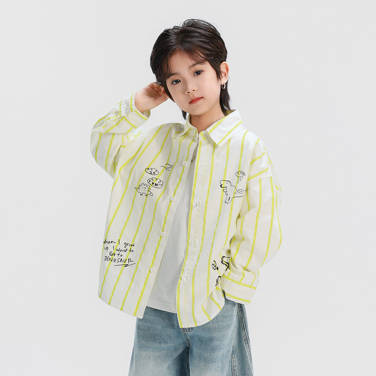 男孩长袖条纹衬衫26春装新款儿童中大童纯色衬衣上衣外套黄色百搭