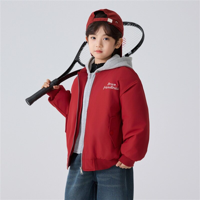 25冬新款男童连帽加厚棉外套洋气男孩假两件棉袄保暖棉夹克红色黑