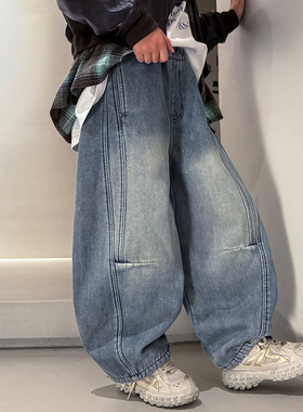 男童加绒牛仔裤水洗磨白秋冬款儿童一体绒加厚裤子大男孩120~170