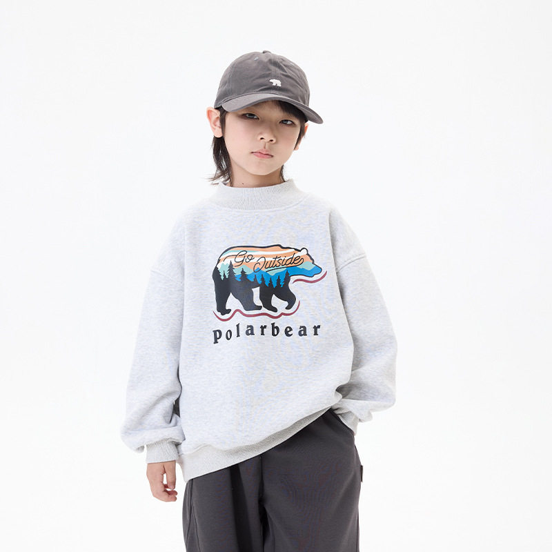 男童加绒卫衣2025冬季新款中大儿童北极熊印花上衣黑色卡其绿灰色