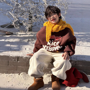 男童深棕色字母印花加厚卫衣男孩儿童圆领加绒套头衫字母上衣休闲