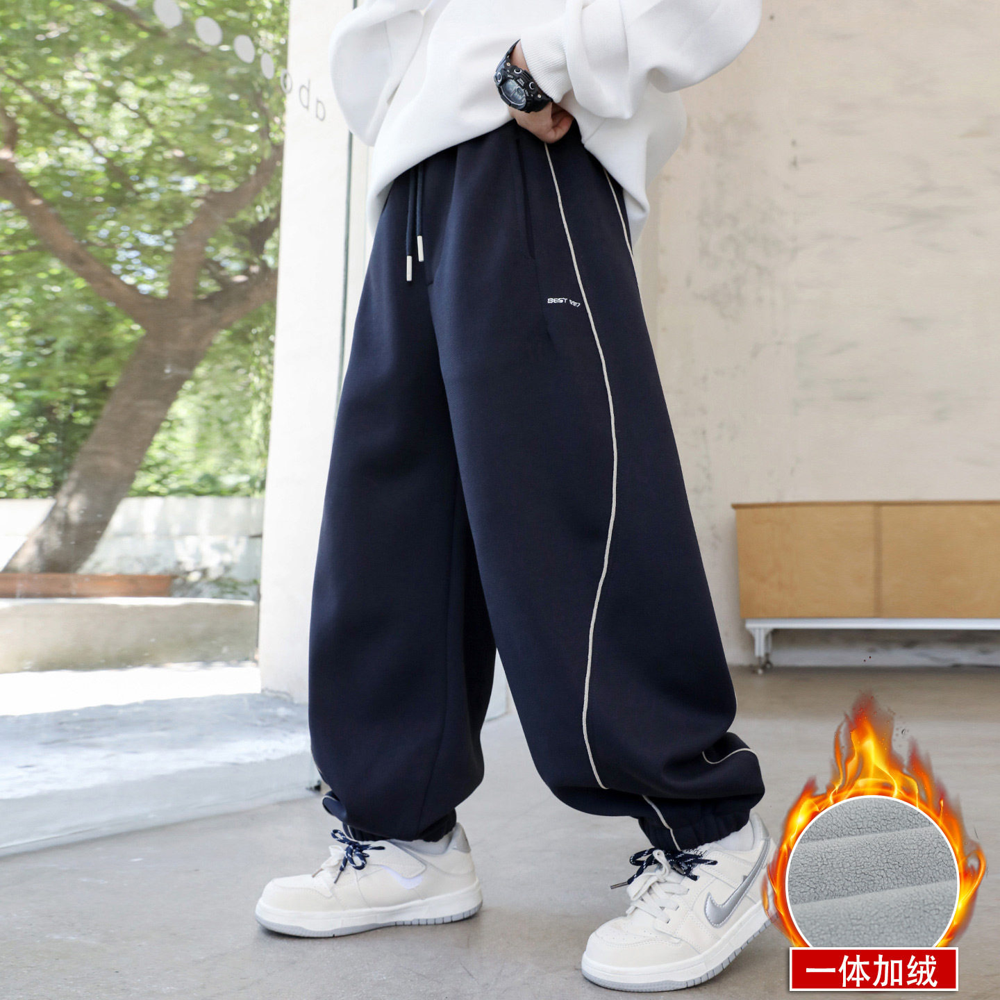 男童加绒休闲裤子中大儿童一体绒卫裤男孩运动裤束腿黑色灰秋冬装