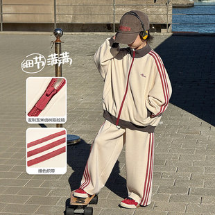 男童套装测条纹运动休闲潮宝男孩两件套春装新款米色110~170韩版