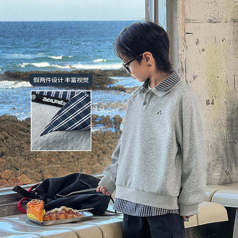 潮宝男童假两件POLO衫2026春新款儿童帅气百搭卫衣110~170花灰色,童装/婴儿装/亲子装,儿童POLO衫,淘宝优惠券,粉丝福利购,淘宝优惠卷