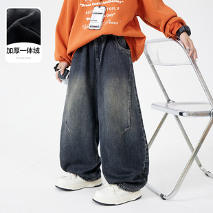 子120 男孩阔腿加绒弯刀牛仔裤 男儿童加厚宽松直筒裤 新款 180 冬装