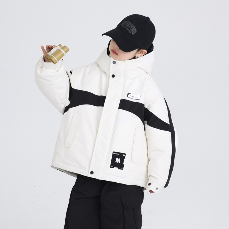 大男童撞色冲锋衣羽绒服冬装儿童男孩户外防寒连帽鸭绒外套白色黑
