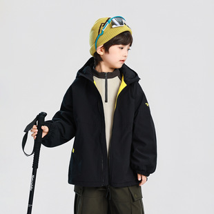 中大男童加绒冲锋衣25秋冬款男孩防水加厚摇粒绒上衣外套休闲黑色