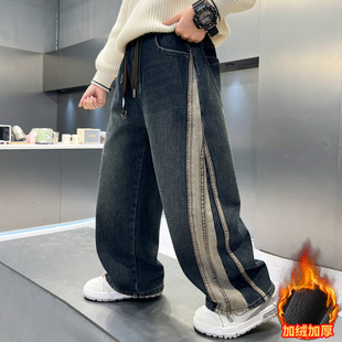 男童牛仔裤加绒加厚男孩一体绒保暖拼接直筒休闲裤蓝色120~170潮
