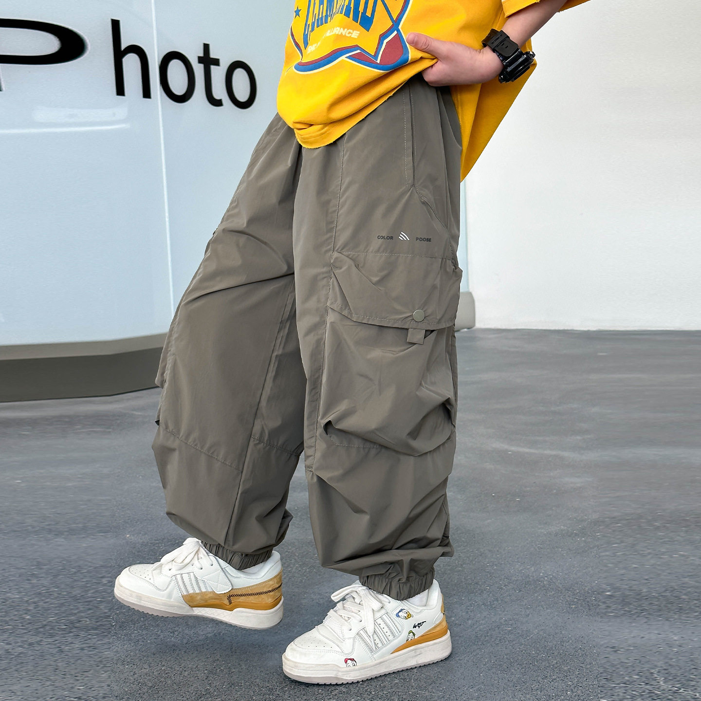 男童大口袋工装裤26夏新款男孩中大童洋气百搭薄款防蚊裤卡其色黑