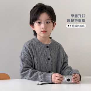 男童圆领毛衣开衫春款2026新款儿童针织衫上衣休闲百搭黑灰藏青色