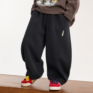 中大男童加绒加厚弯刀裤25冬款儿童针织运动裤宽松休闲藏青黑灰色