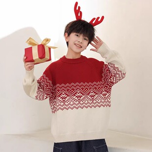 熊猫圆圆男孩毛衣红色渐变毛线衣男童针织衫内搭提花时尚120~150