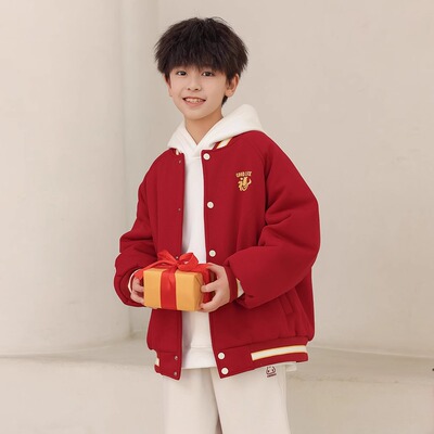 男孩红色棒球服冬装儿童夹棉外套