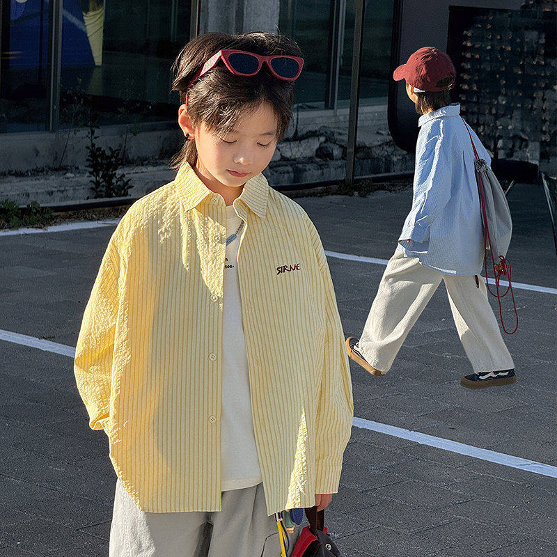 男童刺绣衬衫长袖上衣休闲条纹儿童翻领衬衣外套蓝色黄110~170潮
