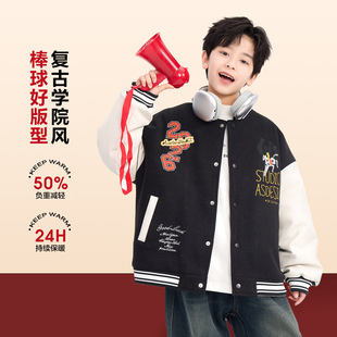 180 儿童拼接皮衣夹棉外套刺绣120 男孩红色棒球棉服新年装 26新款