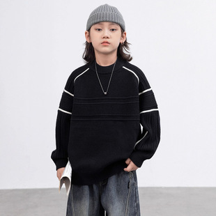 潮男童圆领毛衣拼色休闲秋冬新款儿童打底线衣针织衫黑色灰大男孩