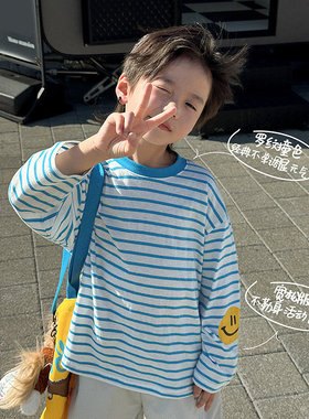 男童条纹长袖体恤26春季新款男孩儿童笑脸T恤纯棉休闲衣110~170潮
