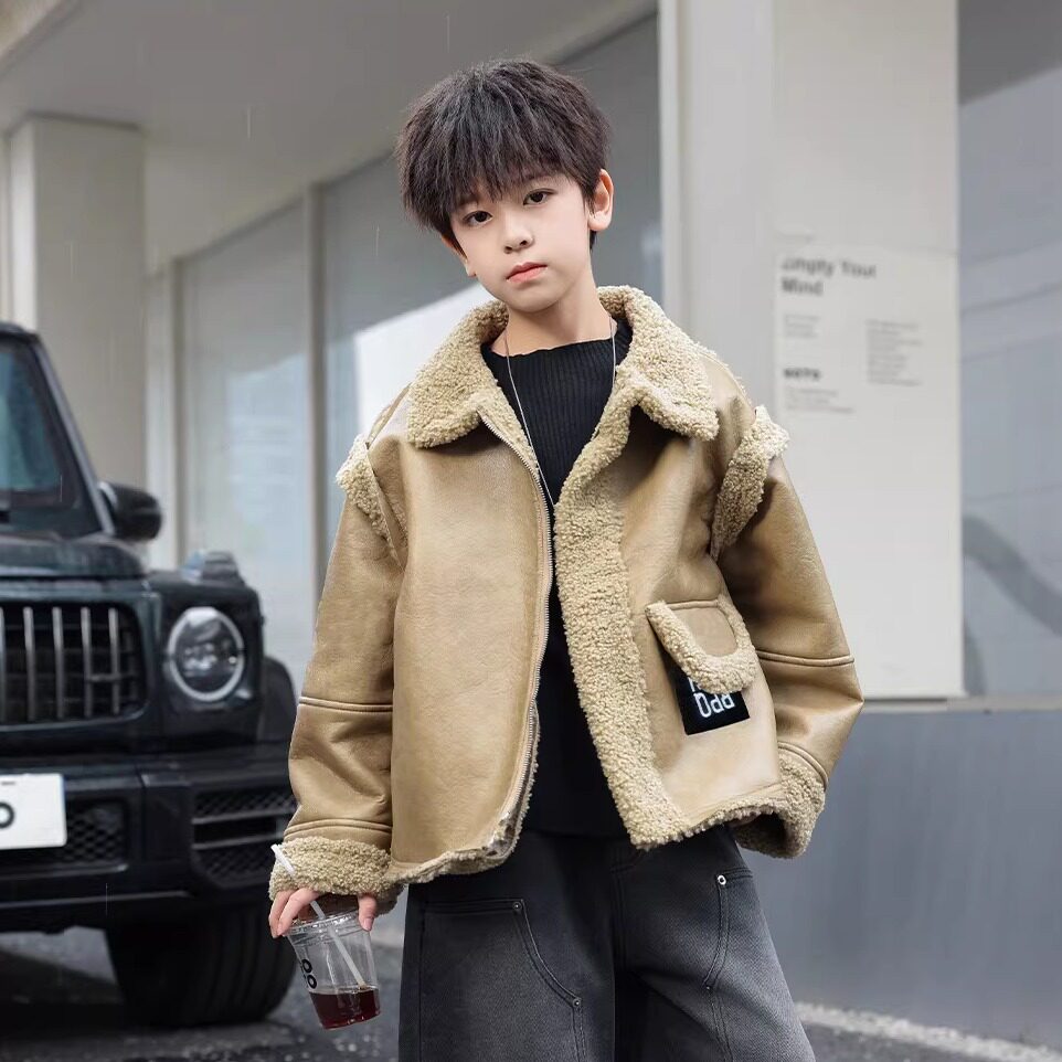 中大男童皮衣夹克儿童男孩皮毛一体儿童加绒加厚保暖外套120~170