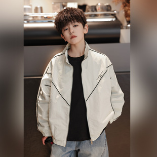 男童立领开衫外套2026春装新款中大童上衣儿童男孩夹克蓝色杏米色