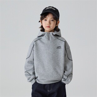 中大男童奥粒绒连帽加绒卫衣男孩洋气外搭上衣韩版帽衫灰色黑秋冬