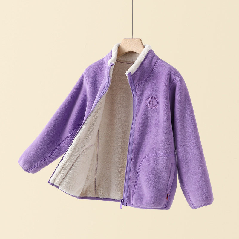 男童摇粒绒外套加厚上衣奥粒绒保暖立领中大儿童开衫内搭白色粉紫