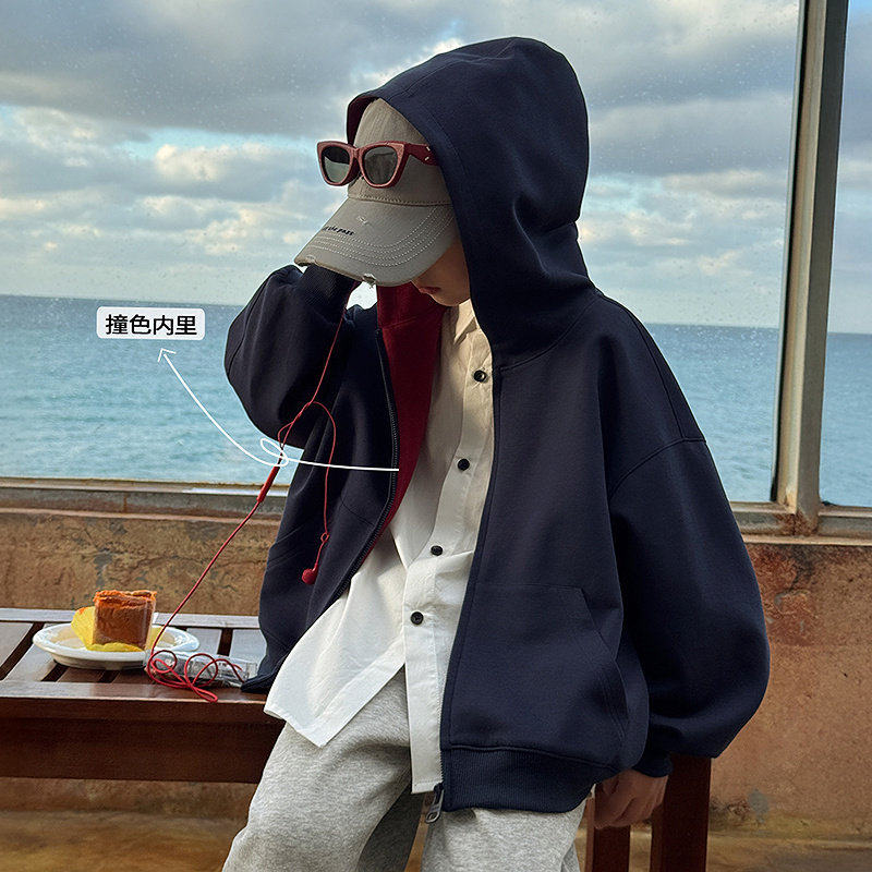 潮宝男孩连帽卫衣开衫休闲百搭26春新款中大男童帽衫上衣藏青灰色