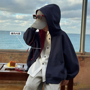 潮宝男孩连帽卫衣开衫休闲百搭26春新款中大男童帽衫上衣藏青灰色