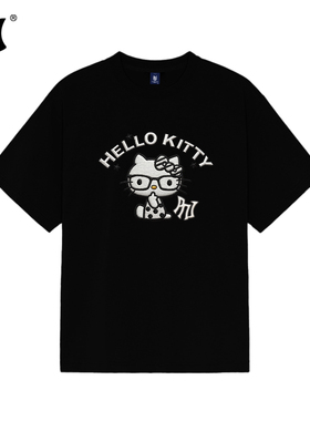 PNJ潮牌HelloKitty眼镜刺绣感印花短袖纯棉美式宽松T恤男女款上衣