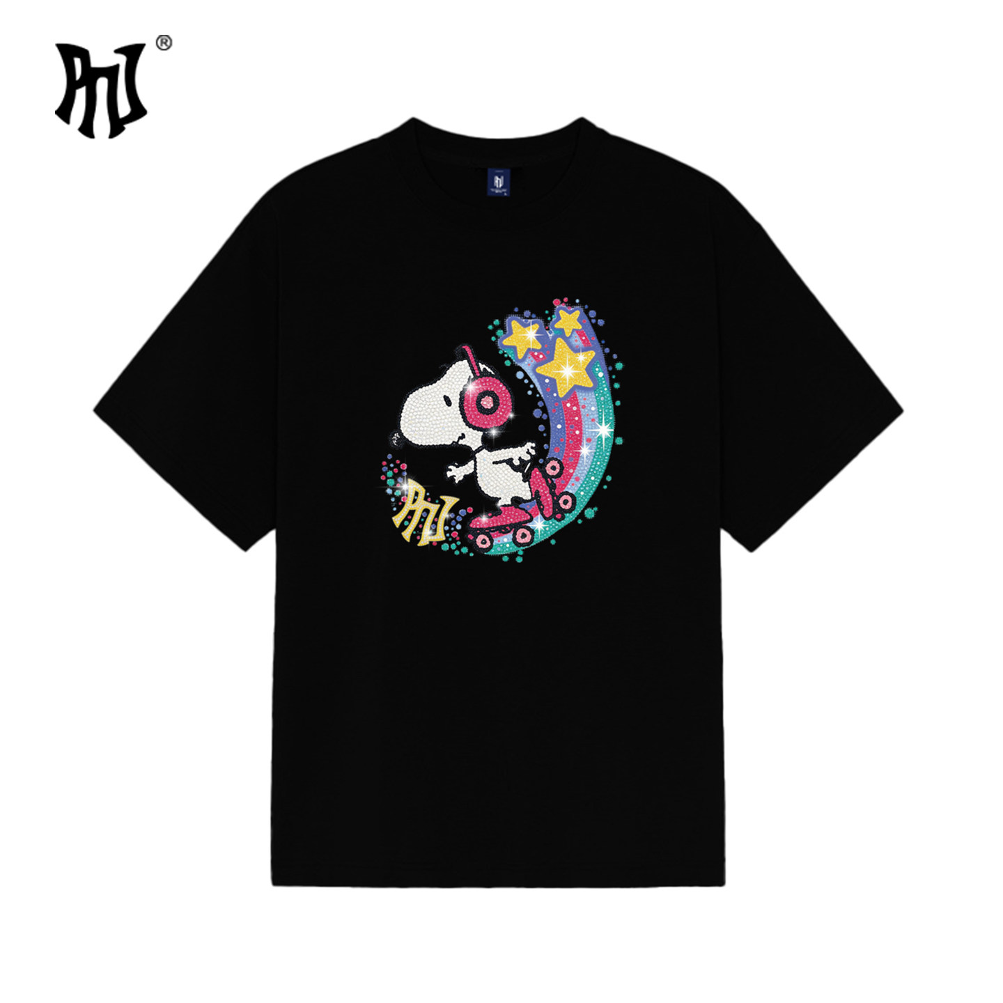 PNJ潮牌烫钻感史努比短袖T恤卡通耳机轮滑星星印花宽松型男女上衣