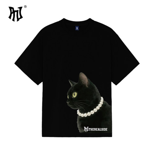 PNJ潮牌珍珠黑猫印花短袖