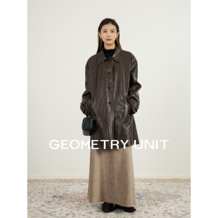 复古宽松上衣 外套女秋季 几何单元 单排扣休闲翻领纹理PU皮衣中长款