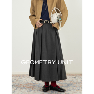灰色半身裙女高腰显瘦中长款 百褶裙磨毛厚款 A字裙子 冬装 几何单元